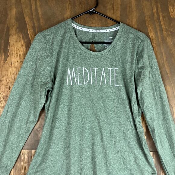 Rae Dunn Womens Shirt Green Meditate Eyelet Back Crew Neck Stretch Large - Picture 2 of 11